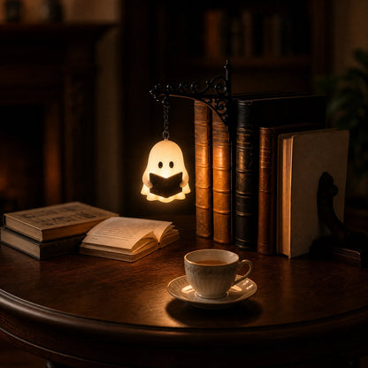 Nook Spirit Reading Ghost bookshelf lantern glowing warmly beside antique leather books and a teacup