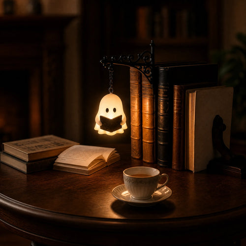 Nook Spirit Reading Ghost bookshelf lantern glowing warmly beside antique leather books and a teacup