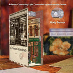 Angled view of the 84 Charing Cross Road book nook with a sensor-lighting inset.