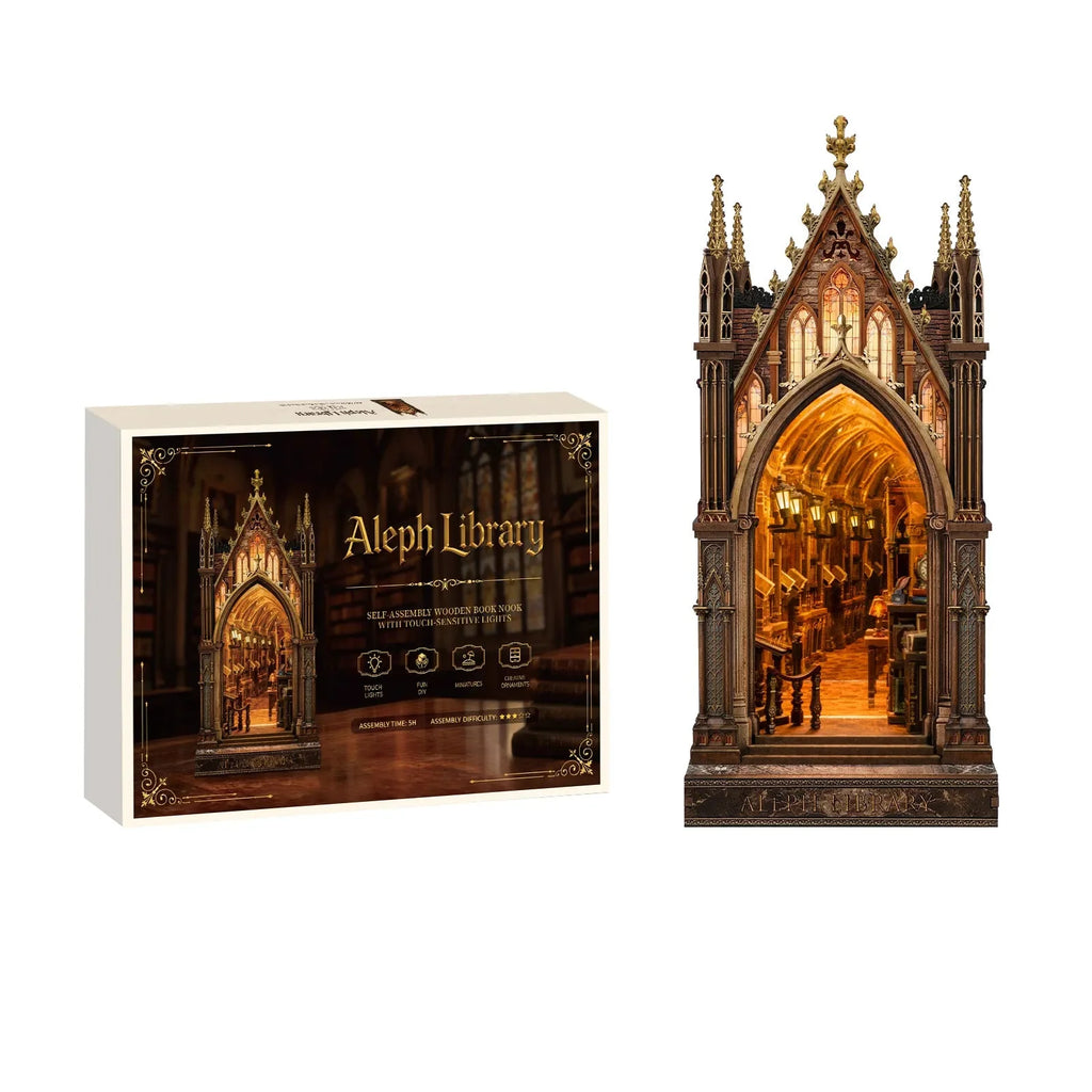 Aleph Library book nook beside its illustrated kit box.