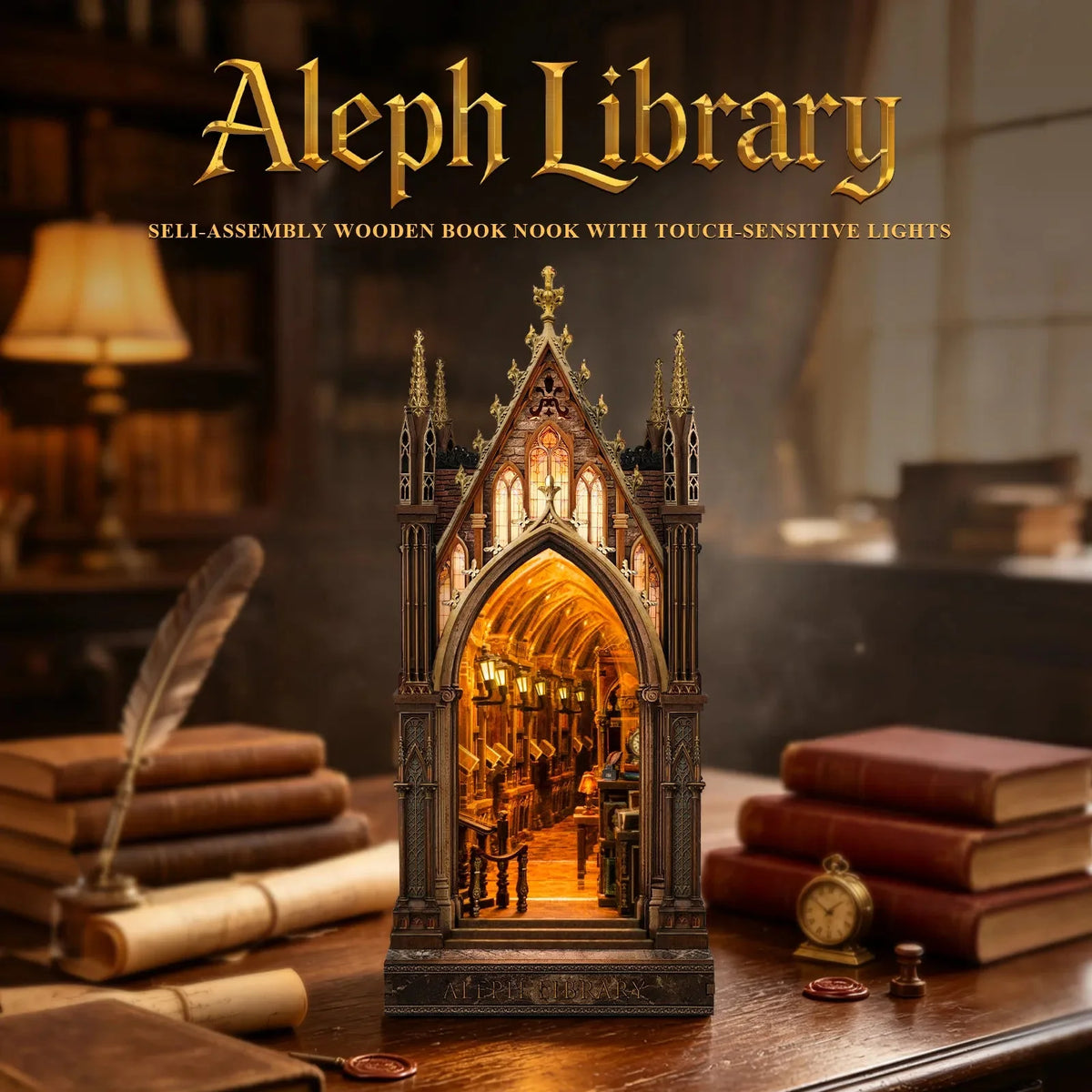 Aleph Library book nook with a pointed Gothic arch and warmly lit miniature shelves.