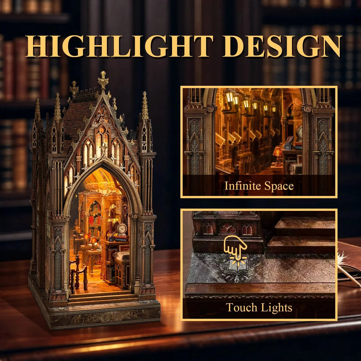 Aleph Library feature collage showing the deep library scene and touch-lighting switch.
