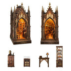Aleph Library from two angles with miniature furniture and bookshelves pictured below.