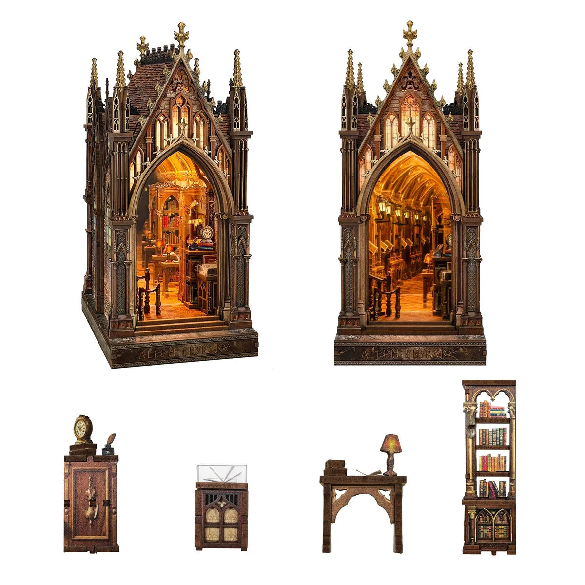 Aleph Library from two angles with miniature furniture and bookshelves pictured below.