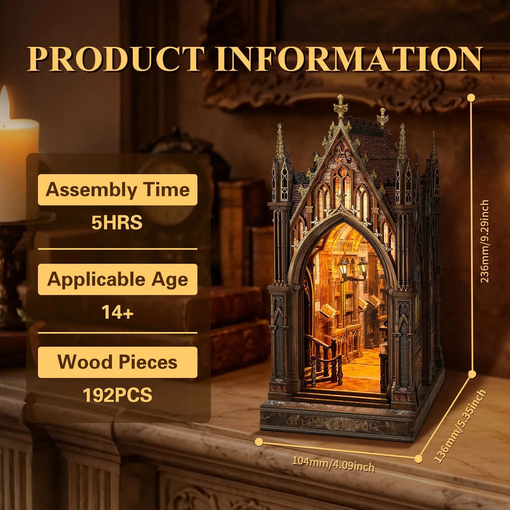 Aleph Library specification diagram with finished dimensions and assembly information.