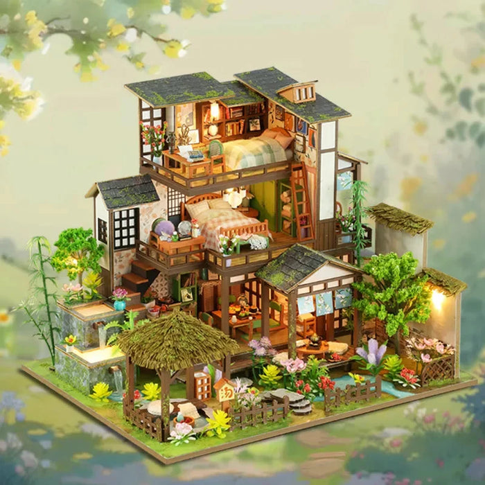 Bamboo Spring Courtyard miniature house with open rooms, bamboo and a garden pavilion.