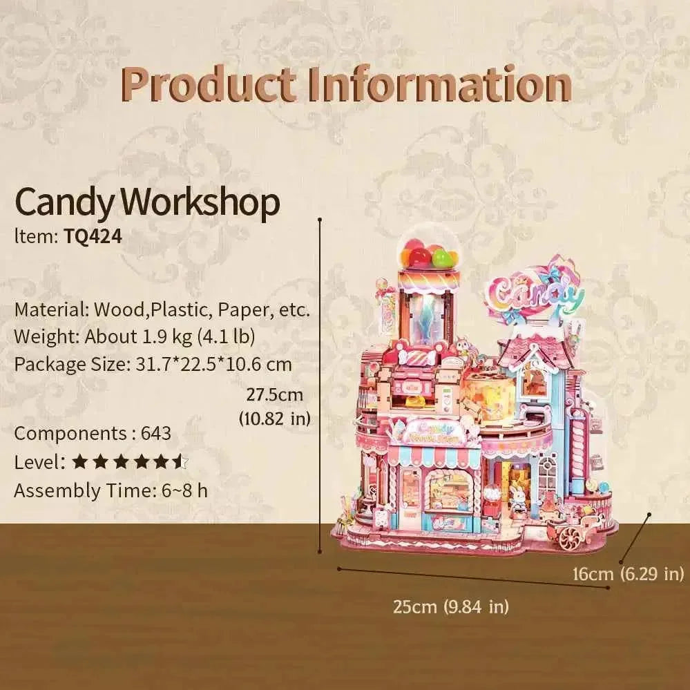 Candy Workshop specification card with finished dimensions.