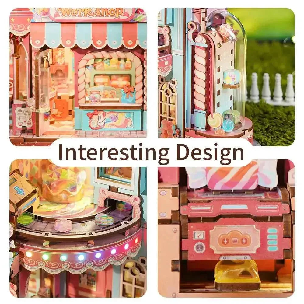 Candy Workshop details showing candy counters, a striped tower and miniature production machinery.