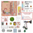 Candy Workshop kit panels, decorations, hardware, wiring and motor arranged in a contents diagram.