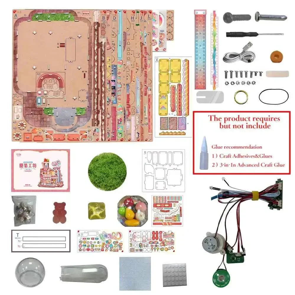 Candy Workshop kit panels, decorations, hardware, wiring and motor arranged in a contents diagram.