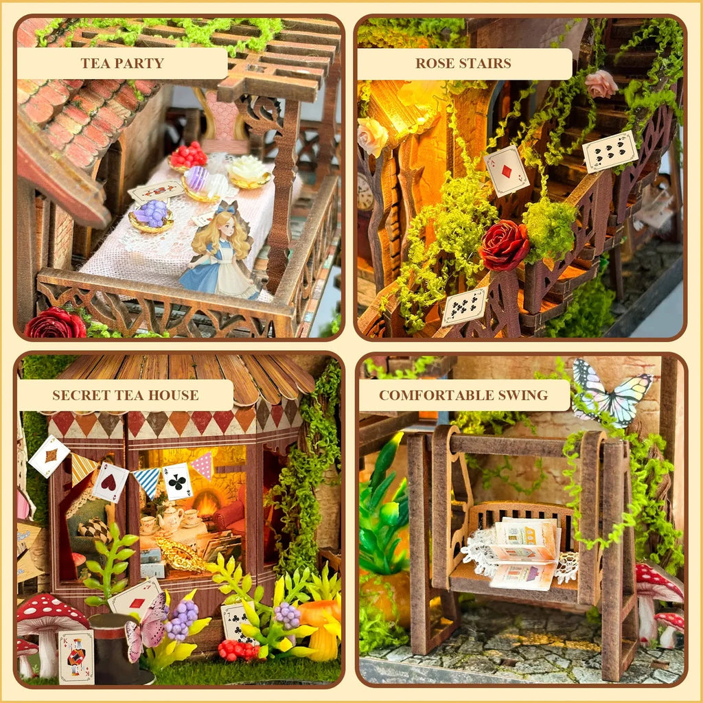 Dreamy Cottage details showing a tea party, rose-covered stairs, tea room and small swing.