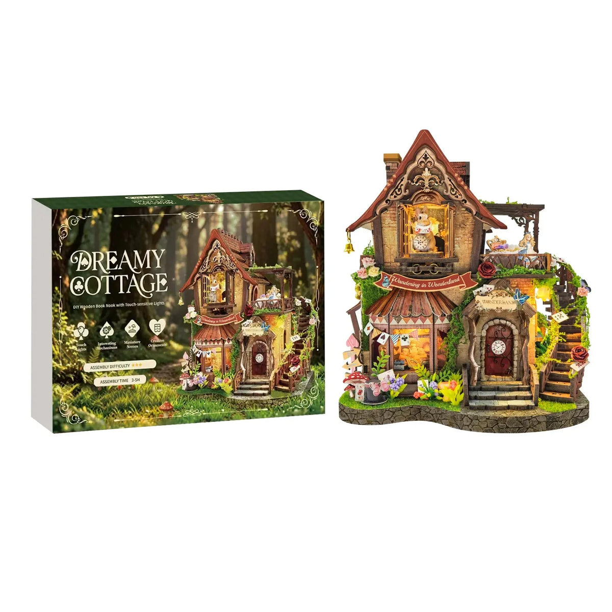 Dreamy Cottage miniature house beside its illustrated kit box.