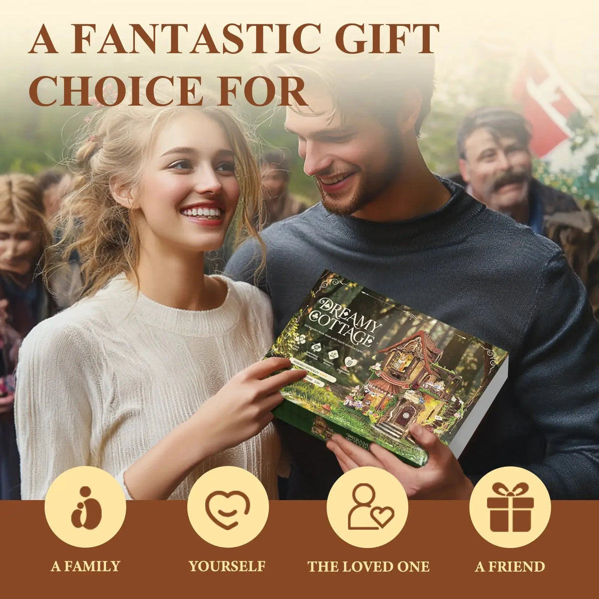 Two adults holding a Dreamy Cottage kit box.