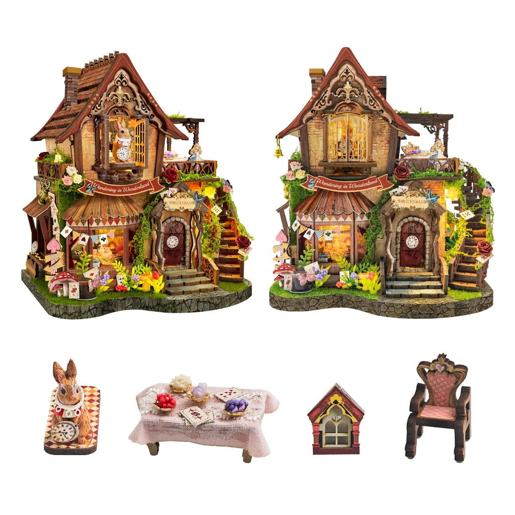 Dreamy Cottage shown from two angles with a rabbit, tea table and chair pictured below.