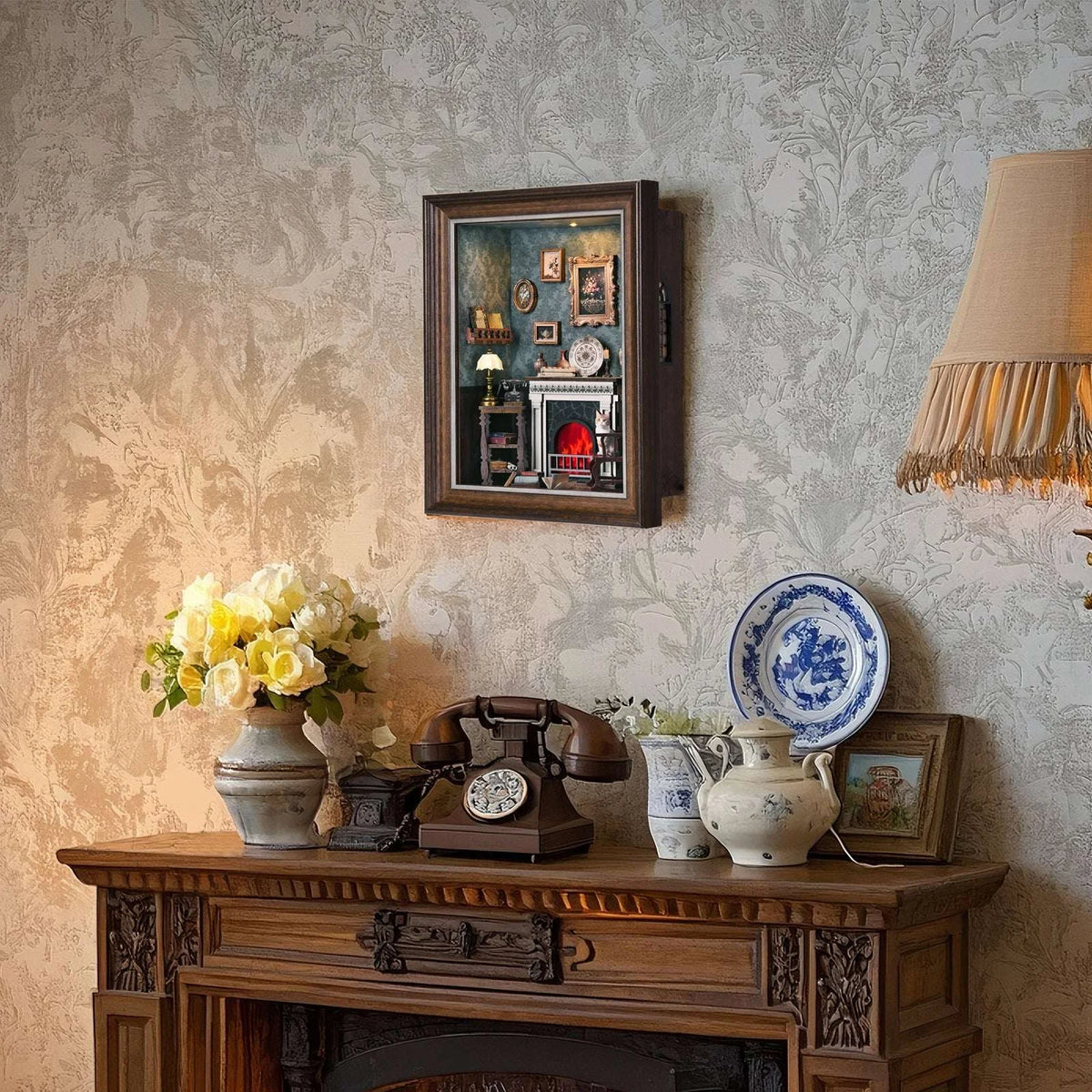 Fireplace miniature story frame mounted above a wooden sideboard in a room setting.