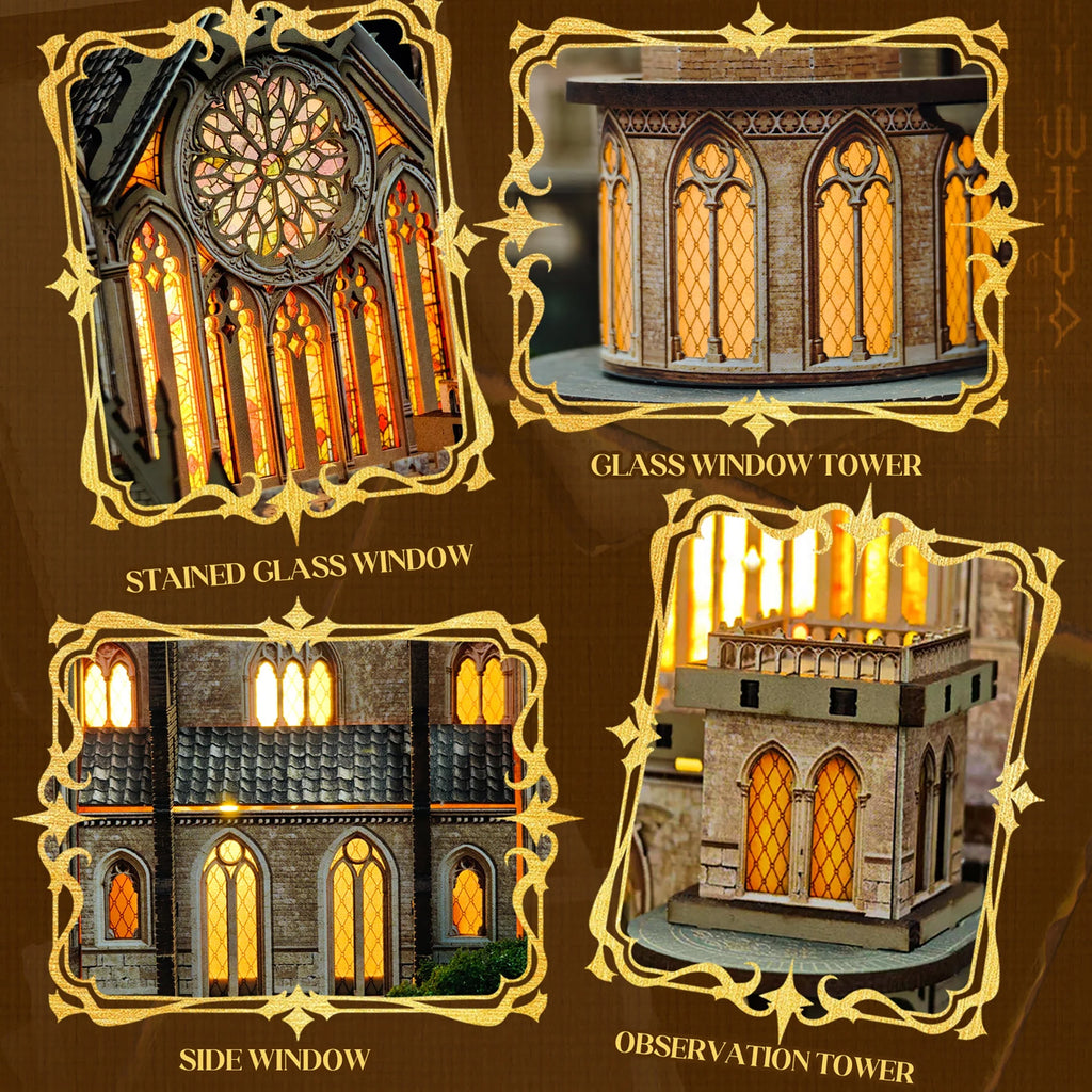 Glen Sky Citadel details showing a rose window, glass-style tower windows and observation tower.