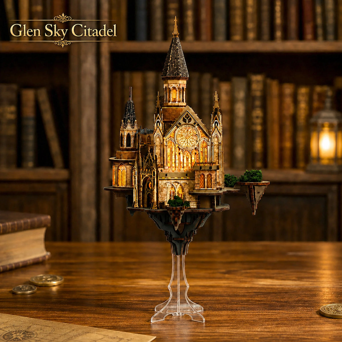 Glen Sky Citadel with illuminated Gothic windows and tall spires on a clear display stand.