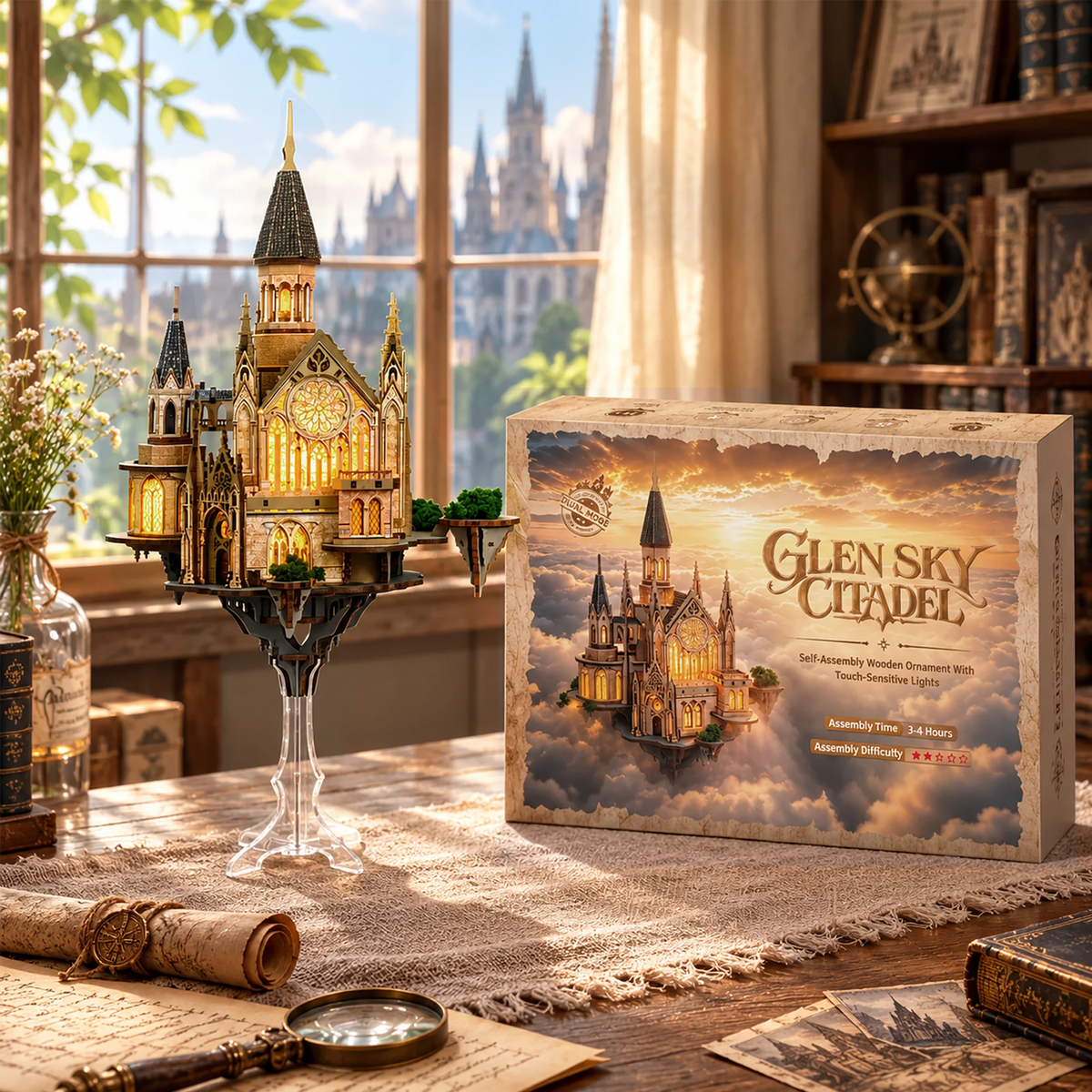 Glen Sky Citadel miniature castle beside its illustrated kit box.