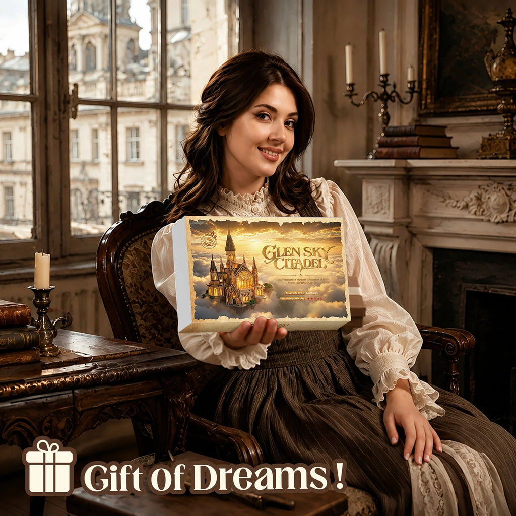 Woman holding a Glen Sky Citadel kit box in a room with antique-style furnishings.