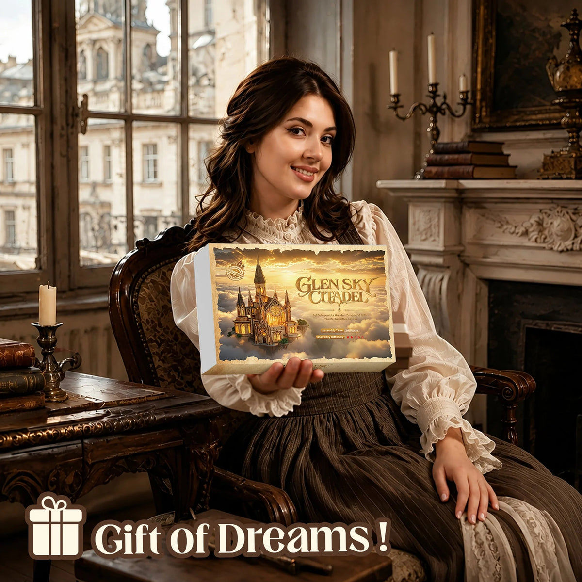 Woman holding a Glen Sky Citadel kit box in a room with antique-style furnishings.