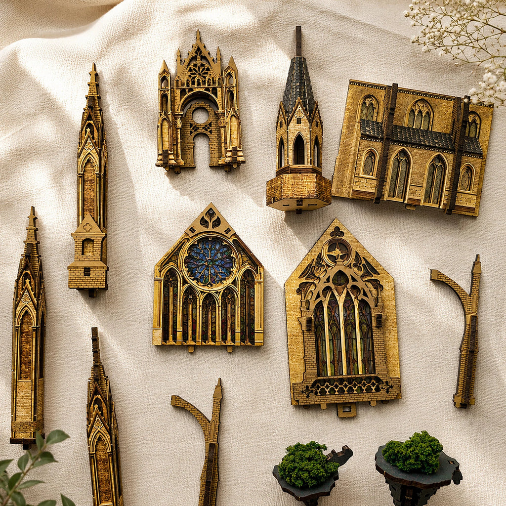 Glen Sky Citadel tower, window and wall components laid out for assembly.