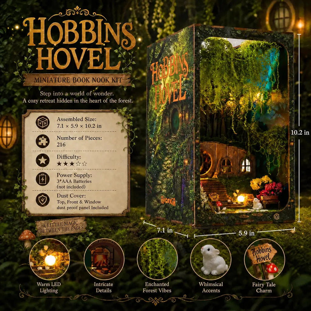 Hobbins Hovel specification card showing dimensions and close-ups of the woodland scene.