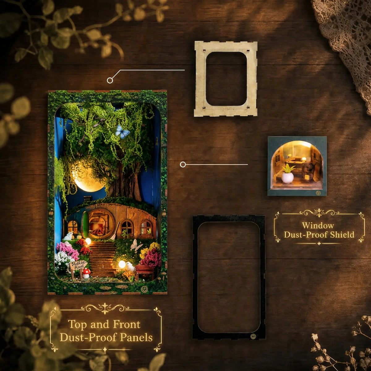 Hobbins Hovel book nook with its top, front and small window cover panels pictured separately.