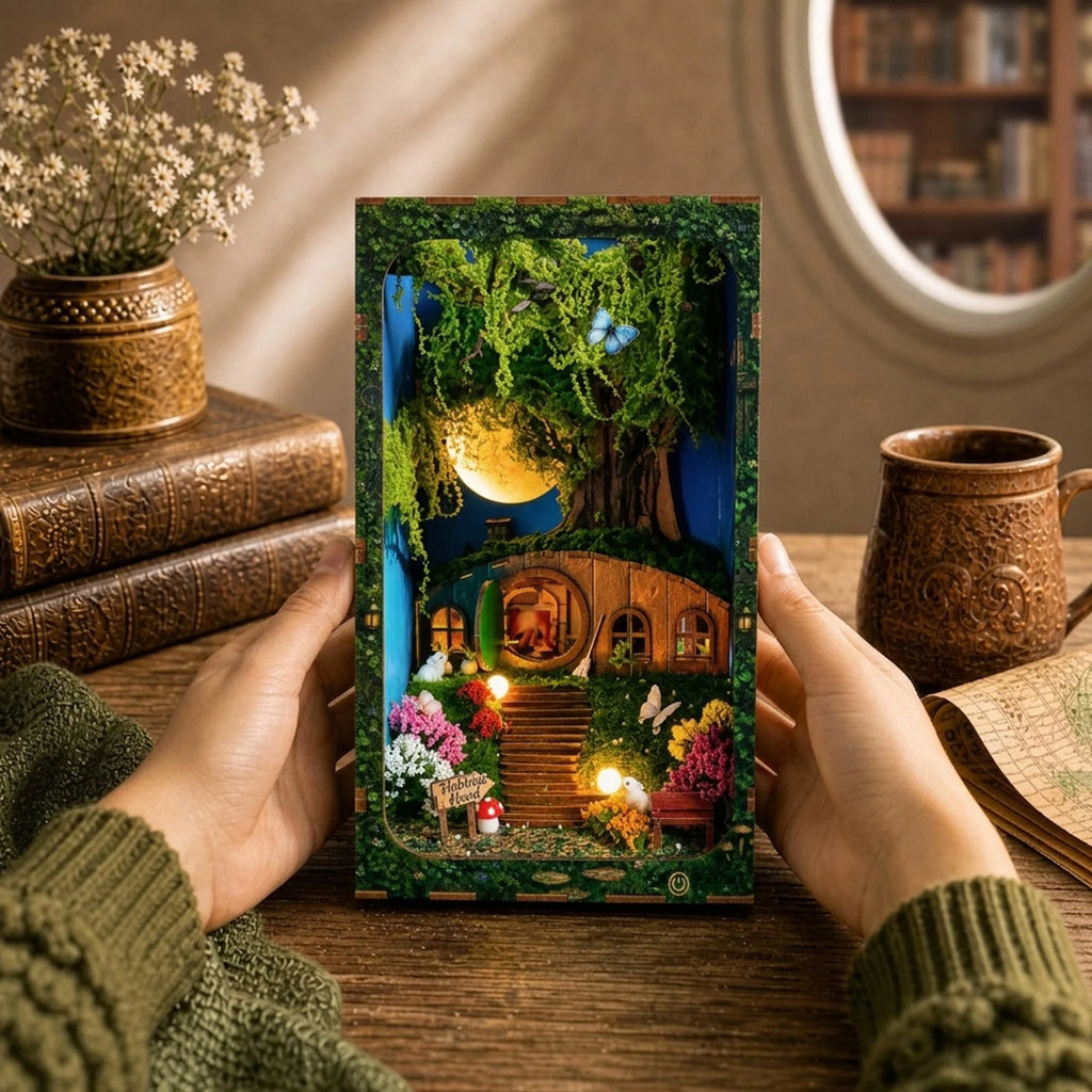 Hands holding Hobbins Hovel book nook with a round-door cottage beneath a glowing moon and leafy tree.