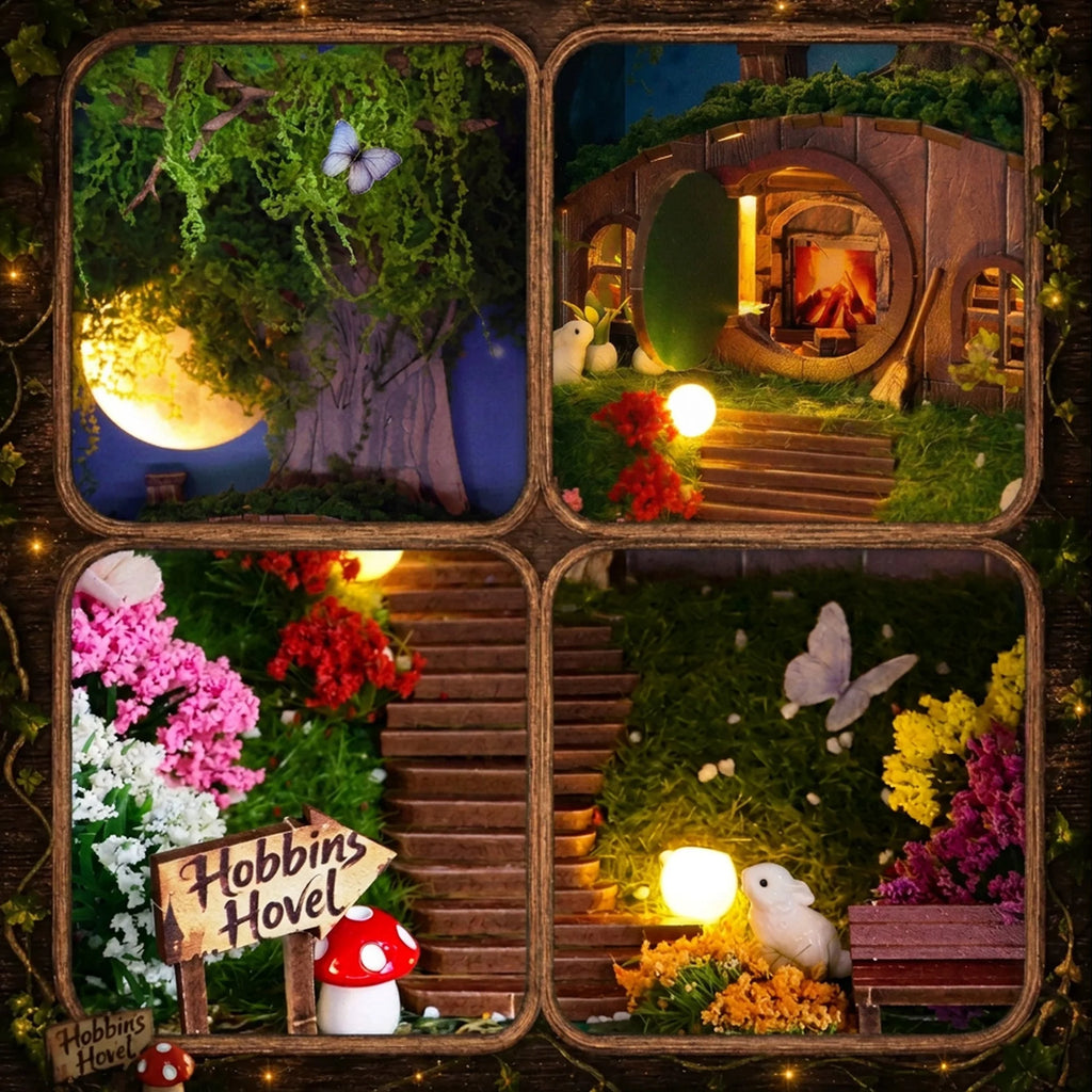 Hobbins Hovel details showing the tree canopy, cottage fireplace, garden steps and tiny rabbits.