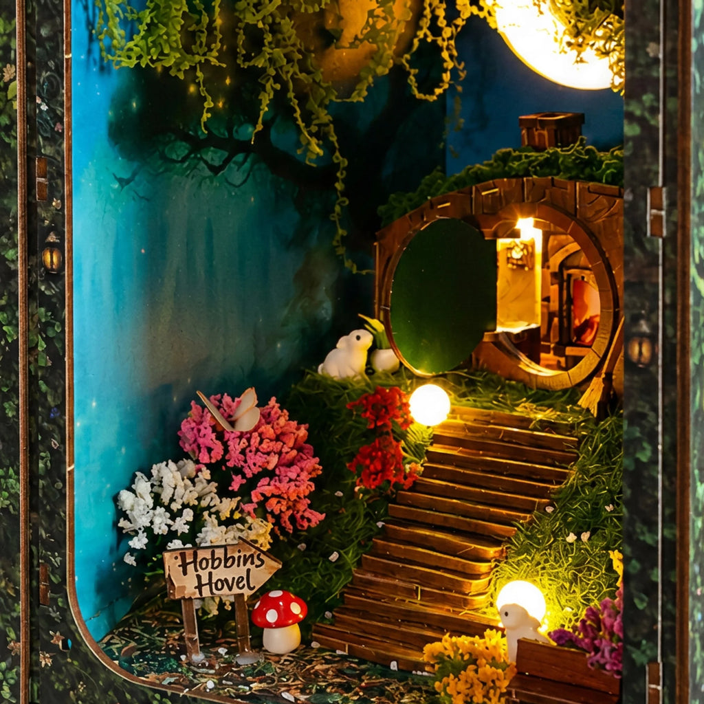Hobbins Hovel cottage with its round door open above flower-lined steps.