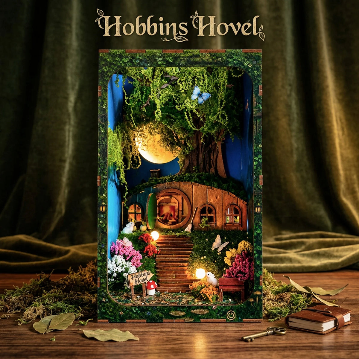 Hobbins Hovel book nook against a dark green backdrop, with flowers around the cottage steps.