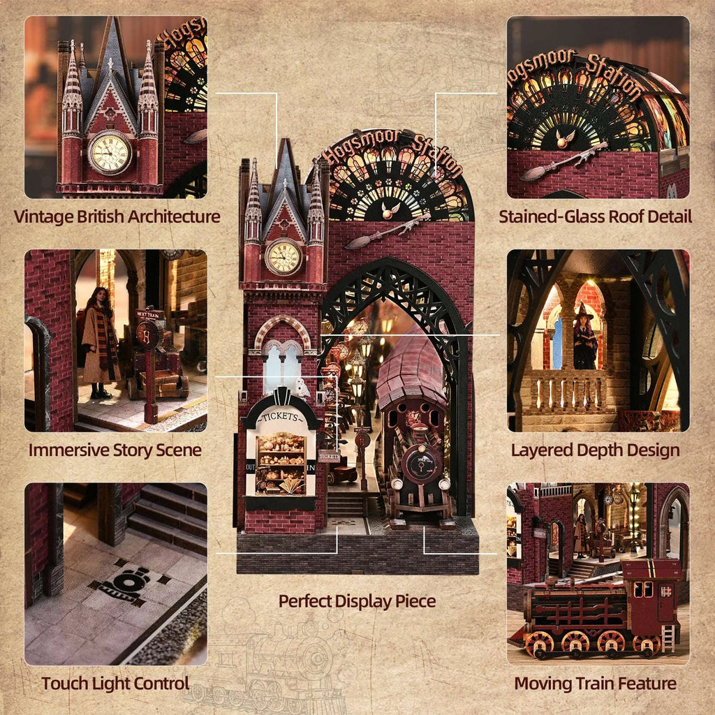 Hogsmoor Station feature collage with roof details, the touch switch and miniature train.