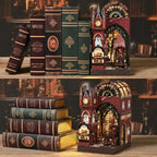 Hogsmoor Station book nook displayed among books in two arrangements.