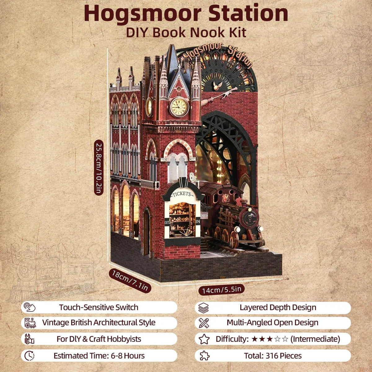Hogsmoor Station specification card with dimensions and assembly information.