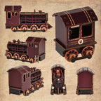 Hogsmoor Station miniature locomotive shown from several angles, including its cab and wheels.