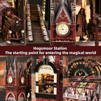 Hogsmoor Station detail collage showing the locomotive, platform stairs, clock tower and ticket booth.