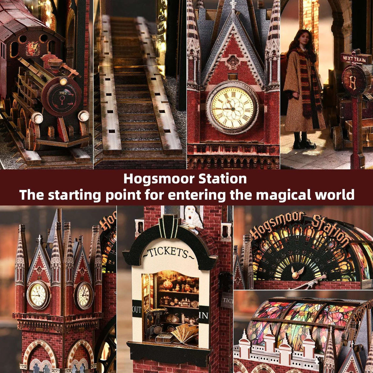 Hogsmoor Station detail collage showing the locomotive, platform stairs, clock tower and ticket booth.