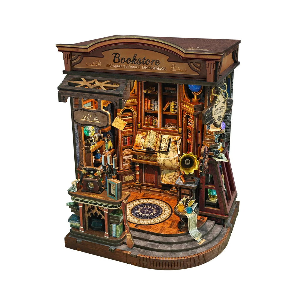 Overhead angle of Inchspace Bookstore showing its curved base and densely furnished interior.