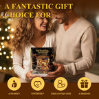 Two adults holding an Inchspace Bookstore kit box beside a Christmas tree.