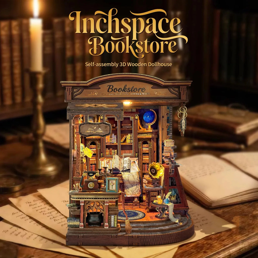 Front view of Inchspace Bookstore with warm lights and densely arranged miniature books.