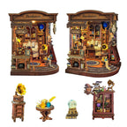 Inchspace Bookstore from two angles with miniature furniture and objects pictured below.