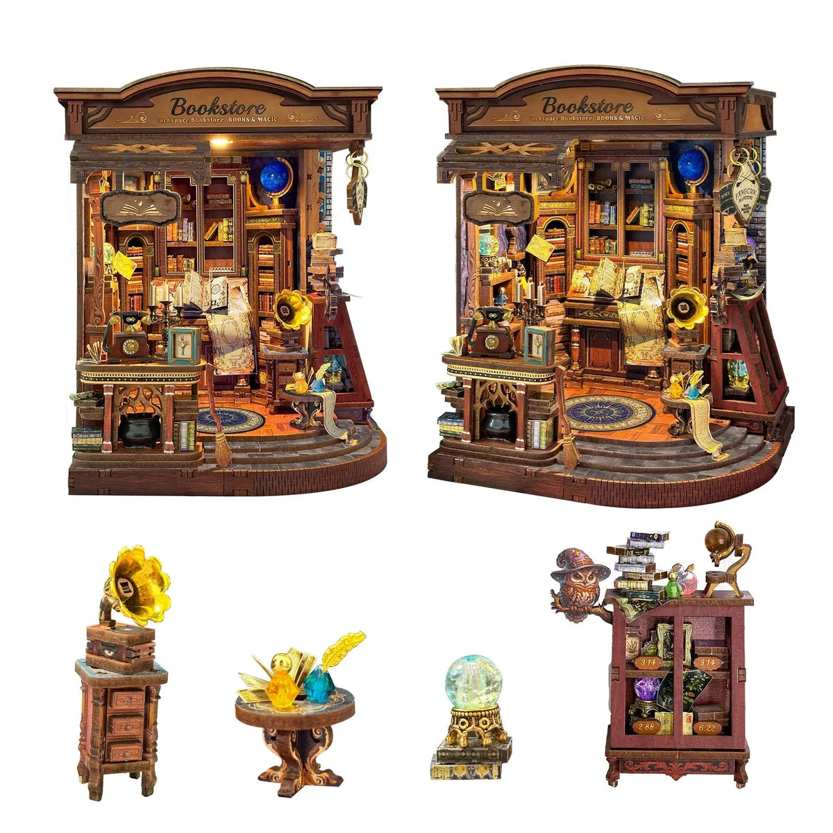 Inchspace Bookstore from two angles with miniature furniture and objects pictured below.