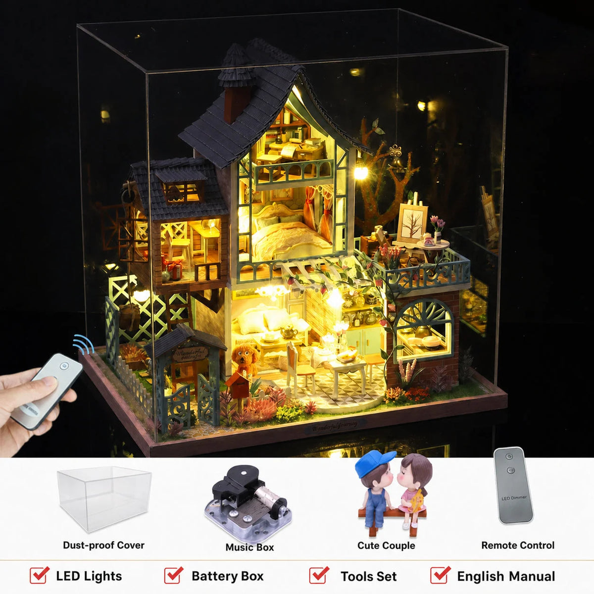 Jungle Secret inside a clear display case, with a remote and accessory illustrations below.