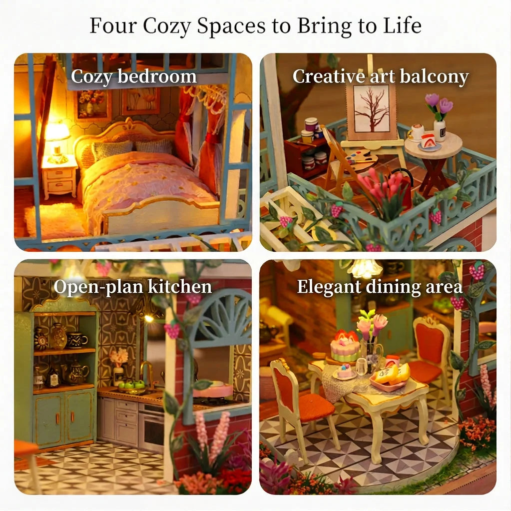 Jungle Secret details showing a bedroom, art balcony, open kitchen and dining area.