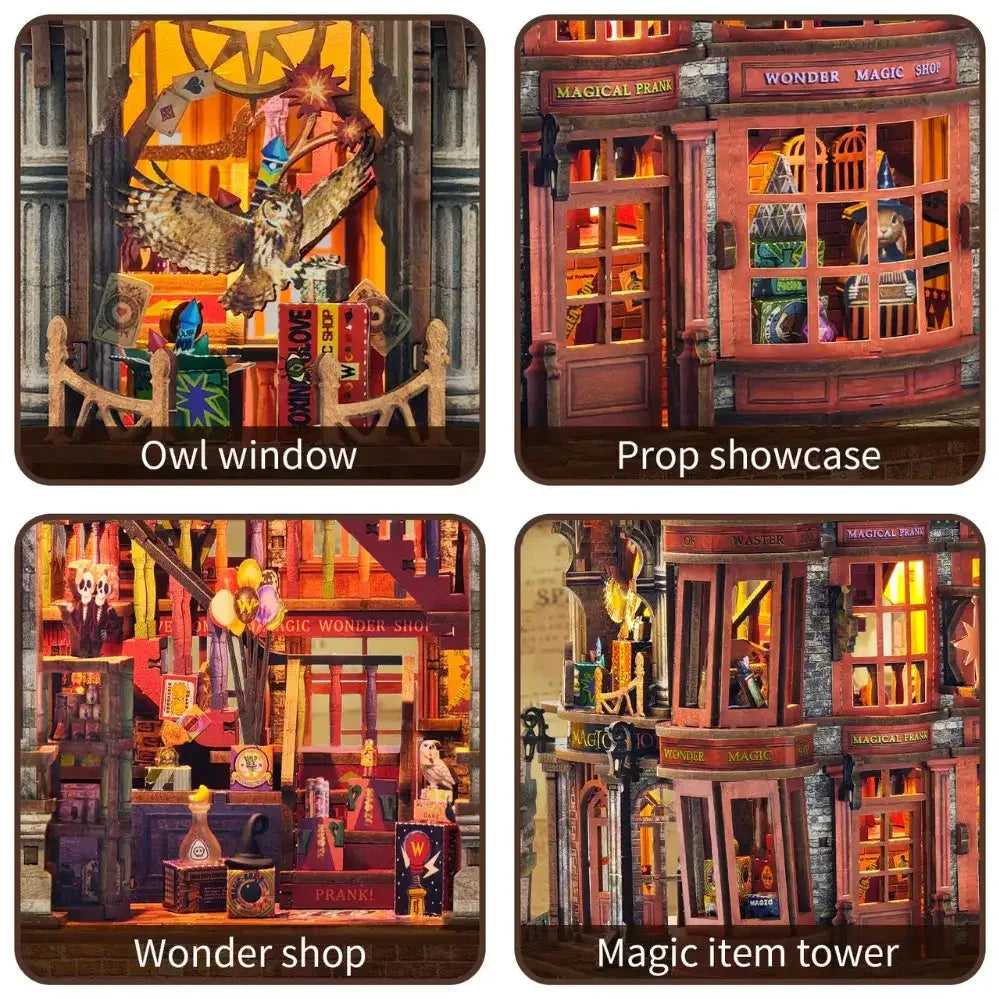 Magic Wonder House details showing an owl window, prop display and miniature magical shop rooms.