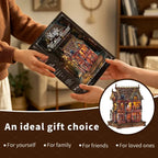 Hands exchanging a Magic Wonder House kit box with the assembled model pictured in an inset.