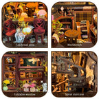 Mocha Diary details showing a tea table, workbench, folding window and spiral stair.