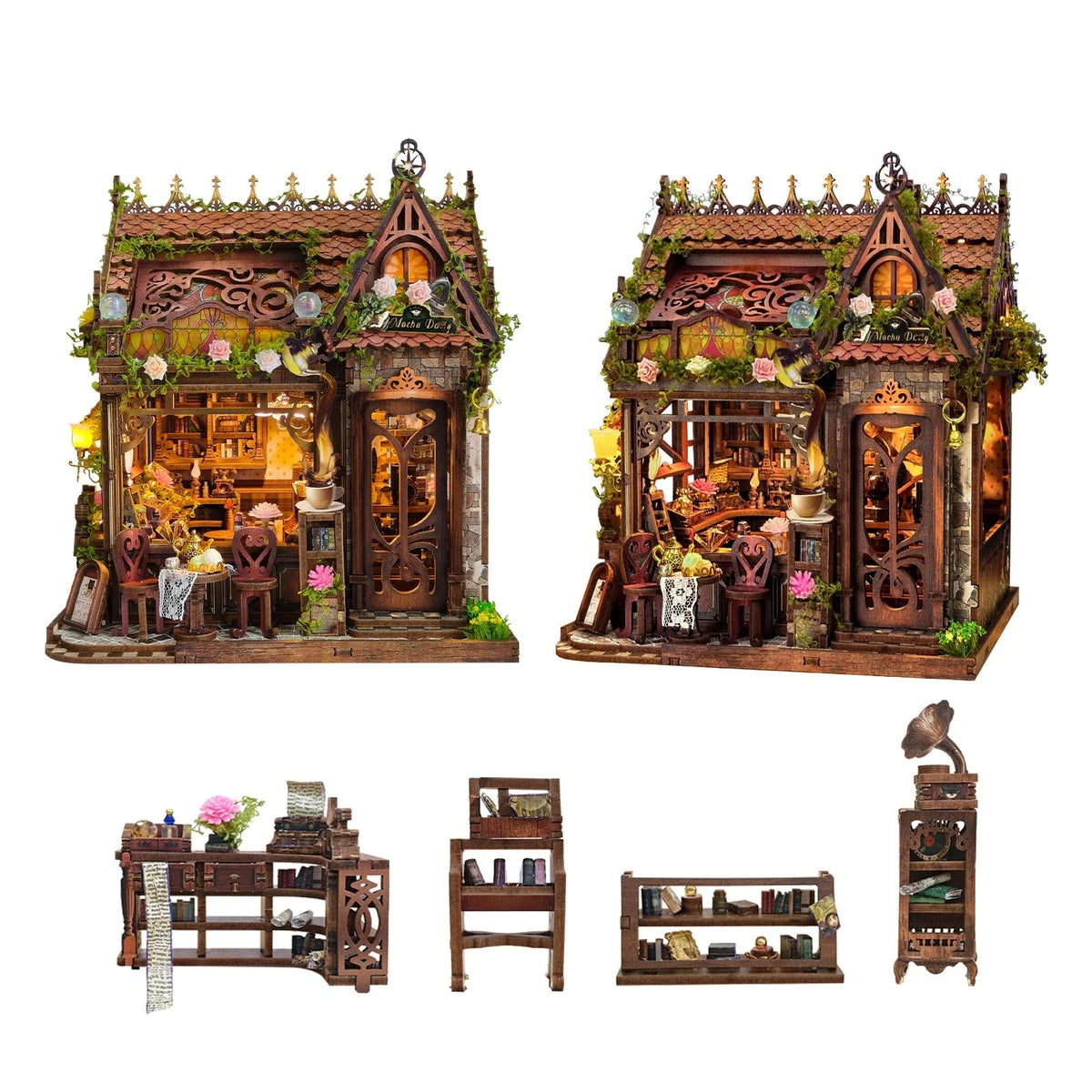 Mocha Diary from two angles with miniature café furniture pictured below.