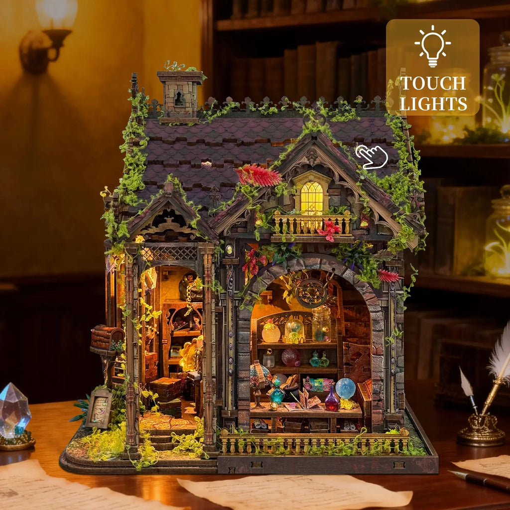 Myriad Realms Club with a roof touch-lighting callout above its illuminated windows.