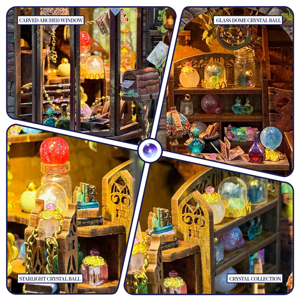 Myriad Realms Club details showing an arched window, crystal balls and specimen shelves.